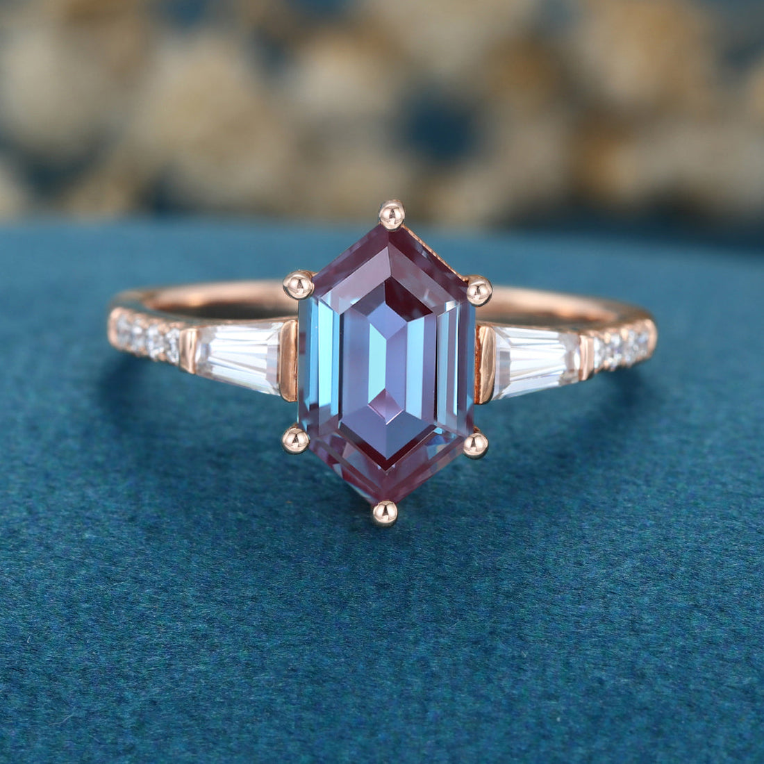 Hexagon cut Lab Alexandrite Solid Gold Engagement Ring