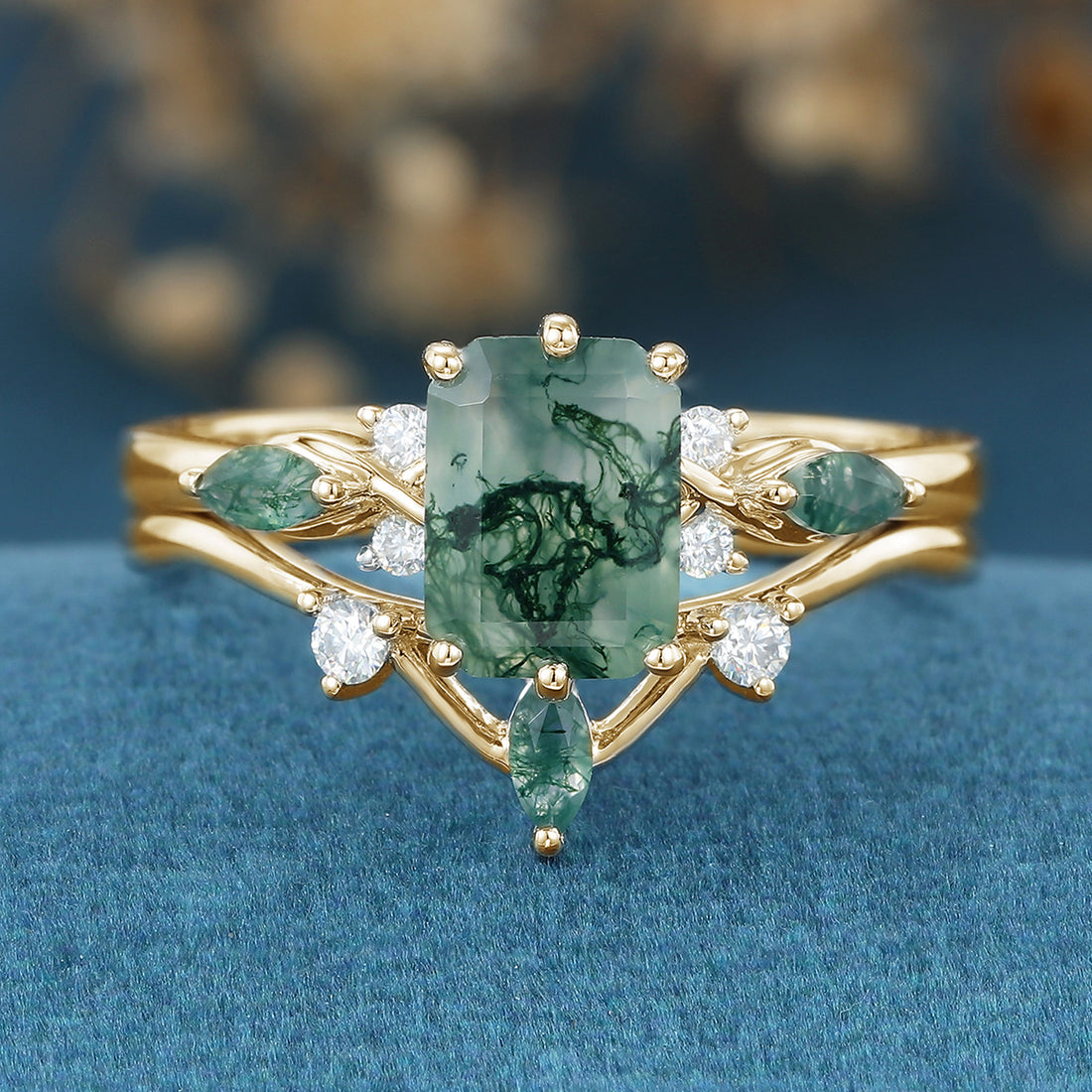 Emerald cut Moss Agate Matching Moissanite | Diamonds Gold Bridal Set
