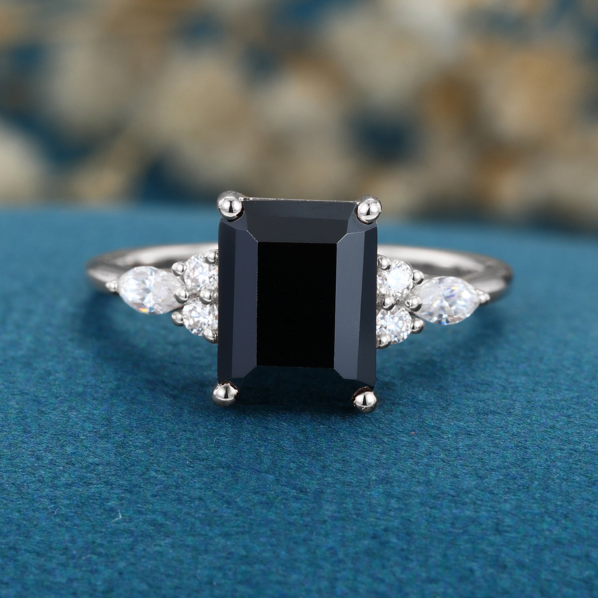 Emerald cut Black Onyx Solid Gold Engagement Ring