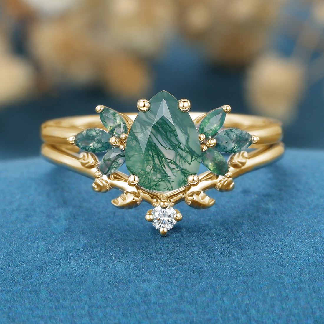 Pear Cut Moss Agate Matching Moissanite | Diamonds Gold Bridal Set