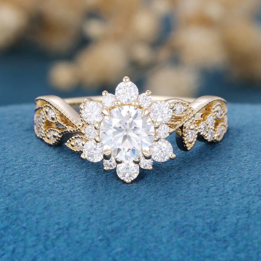 Vintage Round cut Moissanite Cluster Engagement Ring Set