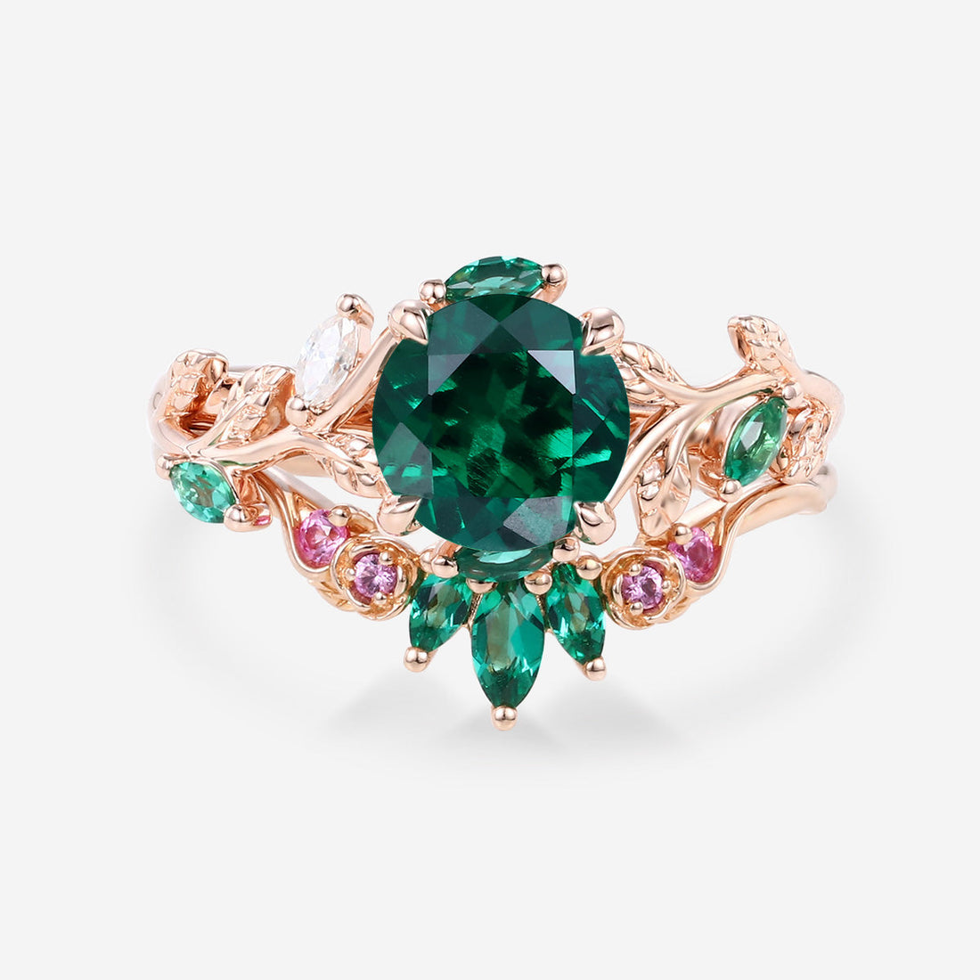 Round cut Lab Emerald  + Pink Sapphire | Emerald Wedding bridal set