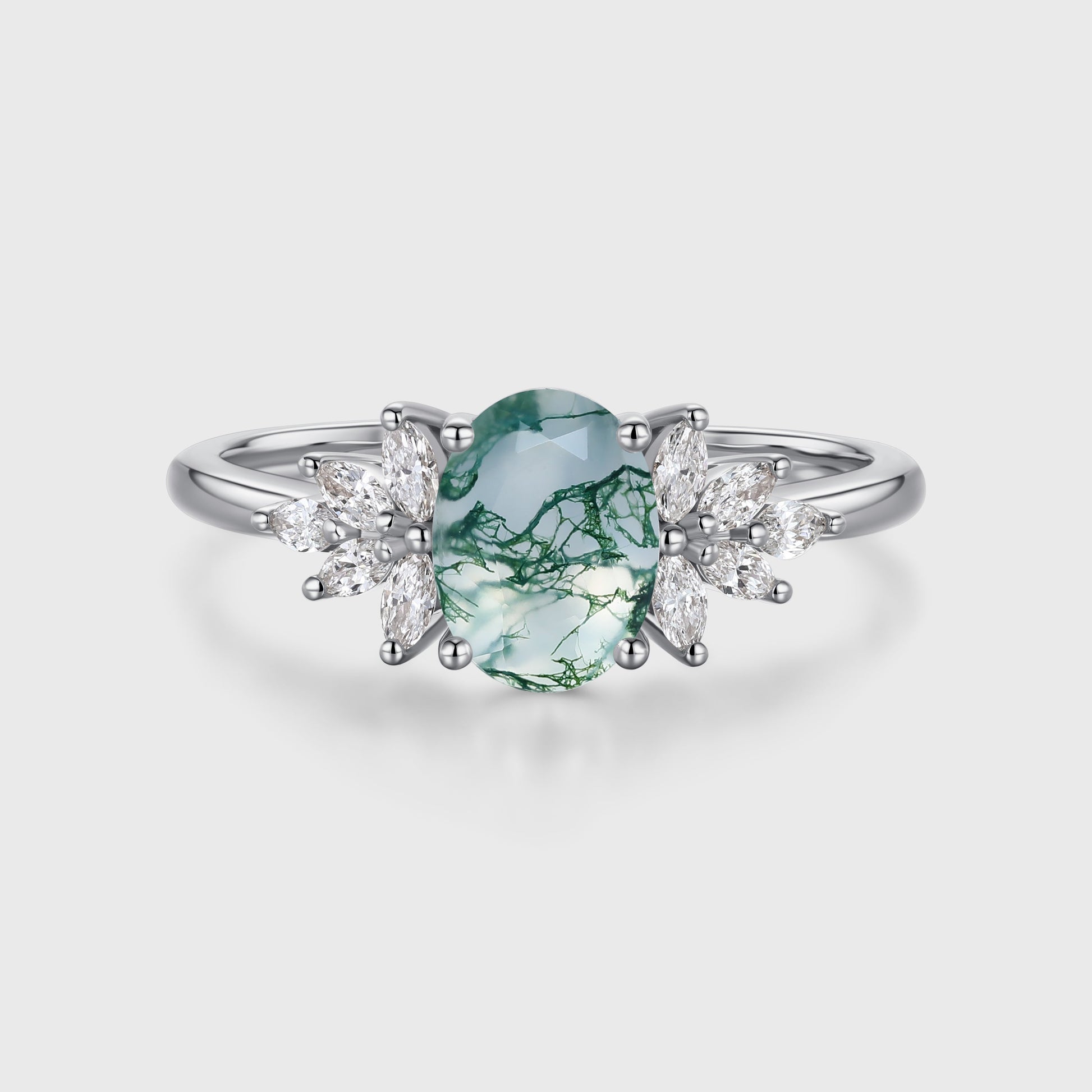 1.3 Carat Natural Green Moss Agate Oval cut cluster Engagement Ring