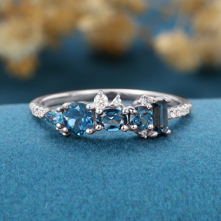 London Blue Topaz Matching Moissanite | Diamond Half Eternity Wedding Band