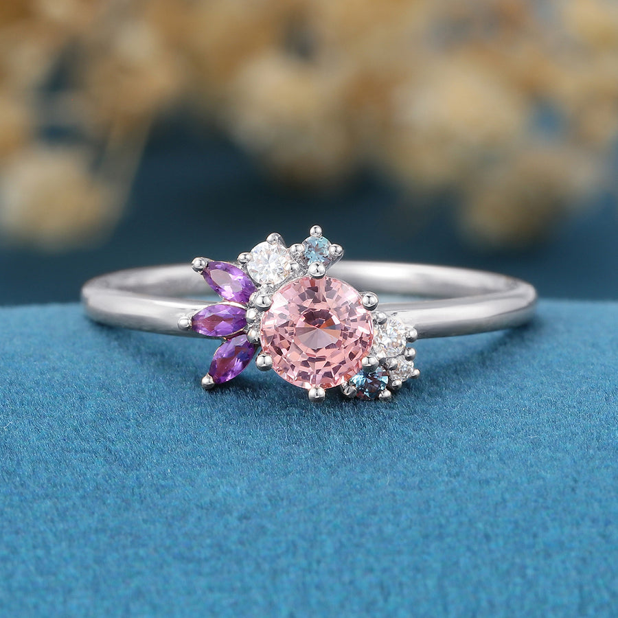 Inspired Round cut Lab grown Pink Sapphire Matching Diamond | Amethyst Solid Gold Engagement Ring