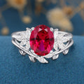 Oval cut Lab Ruby Cluster Engagement ring Bridal Set