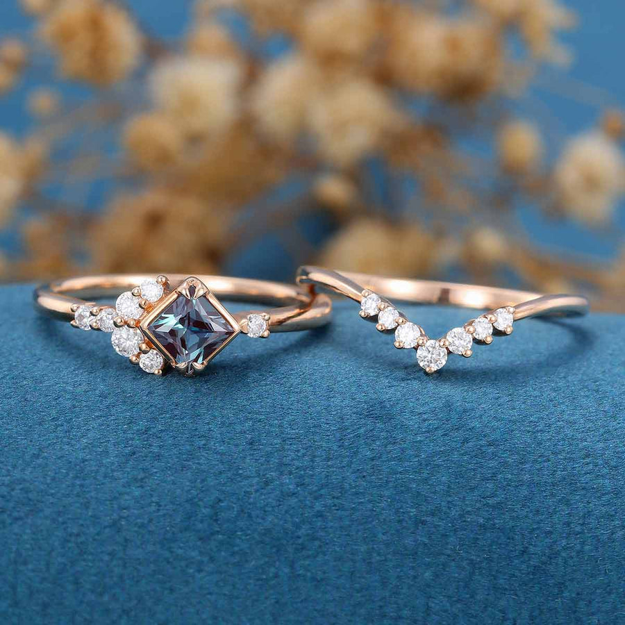 Princess cut Lab Alexandrite | Diamond Wedding Bridal Set