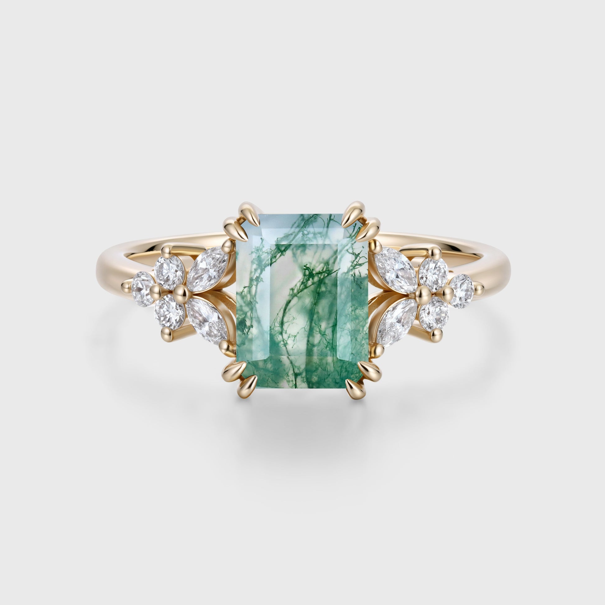 Natural Green Moss Agate Emerald cut cluster Engagement Ring