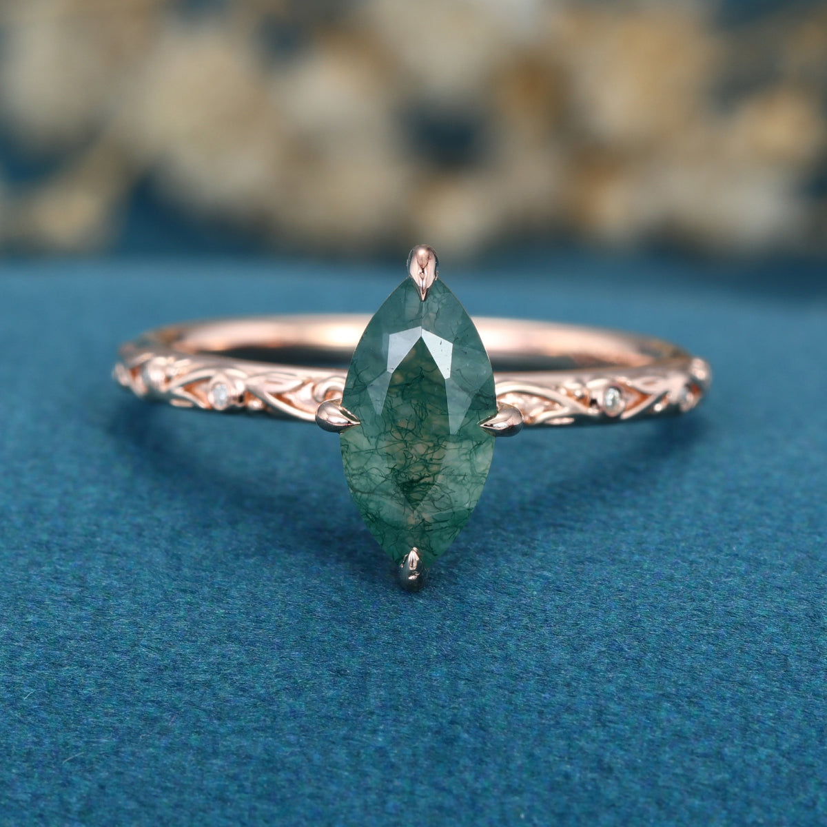 Solitaires Marquise cut Moss Agate Solid Gold Engagement Ring