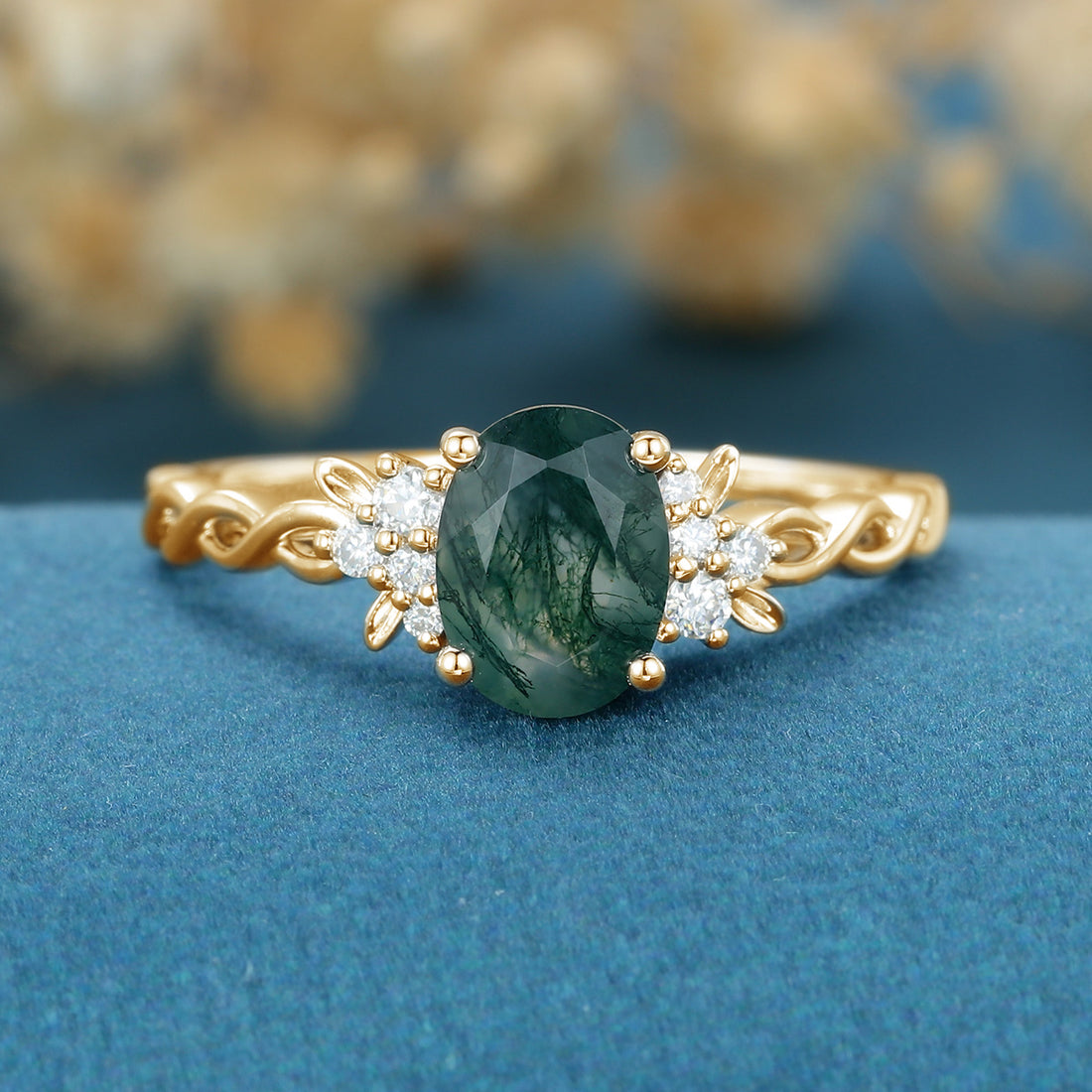 Oval Cut Moss Agate Leaf Engagement ring