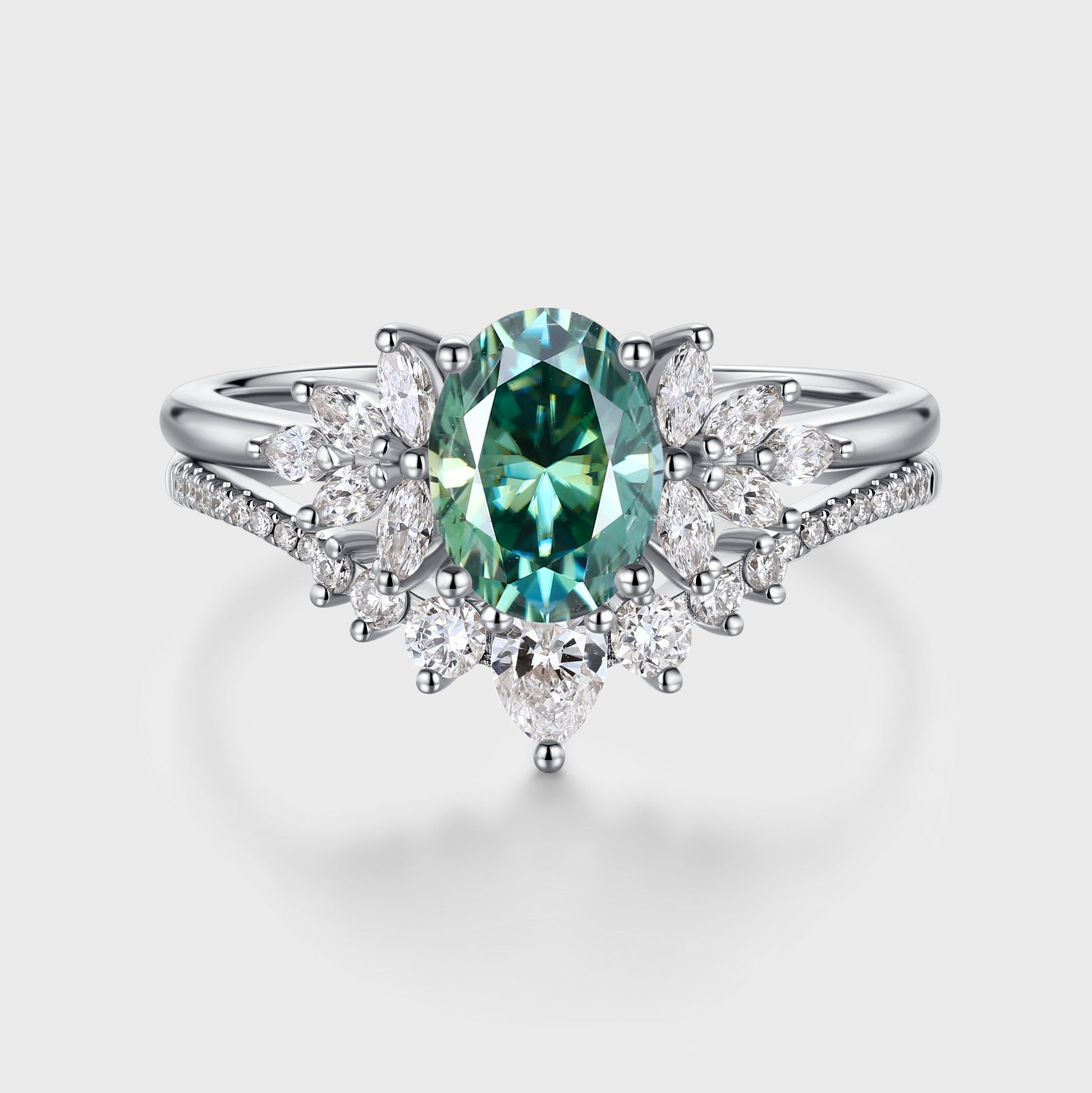 1.5Carat Oval cut Green Moissanite Engagement ring Bridal Set