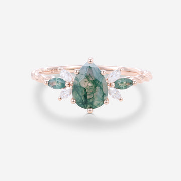 Inspired Pear cut Moss Agate Solid Gold Twisted Shank Engagement Ring