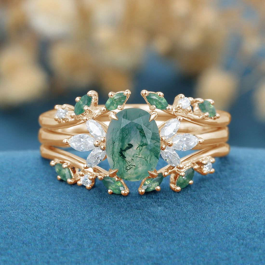 1.5Carat Oval Cut Moss Agate Cluster Engagement ring Bridal Set