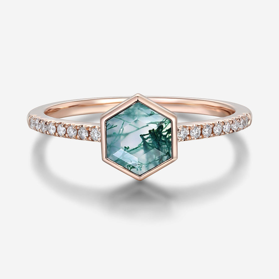 Bezel setting Hexagon cut Moss Agate Half Eternity Gold Engagement Ring