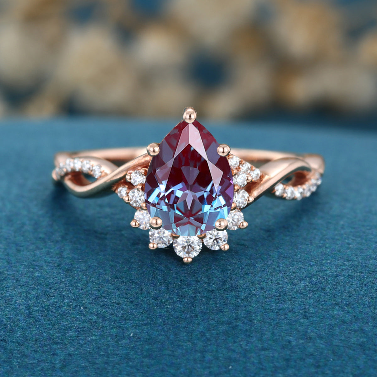 Pear cut Lab Alexandrite Solid Gold Engagement Ring