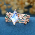 7x10mm Kite Cut Moonstone Cluster Engagement Ring & Moss Agate Curved Wedding bridal set