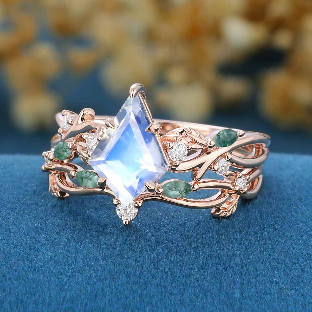 7x10mm Kite Cut Moonstone Cluster Engagement Ring & Moss Agate Curved Wedding bridal set