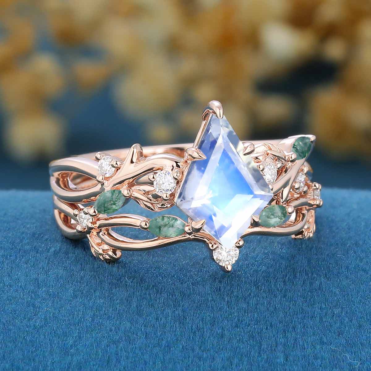 7x10mm Kite Cut Moonstone Cluster Engagement Ring & Moss Agate Curved Wedding bridal set