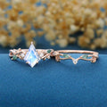7x10mm Kite Cut Moonstone Cluster Engagement Ring & Moss Agate Curved Wedding bridal set