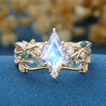 7x10mm Kite Cut Moonstone Cluster Engagement Ring & Moss Agate Curved Wedding bridal set