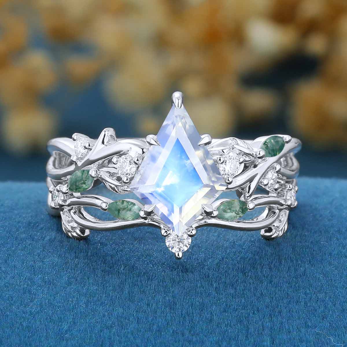 7x10mm Kite Cut Moonstone Cluster Engagement Ring & Moss Agate Curved Wedding bridal set