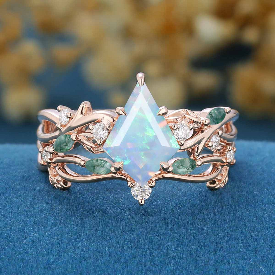 7x10mm Kite cut Opal Cluster Engagement Ring & Moss Agate Curved Wedding bridal set