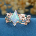 7x10mm Kite cut Opal Cluster Engagement Ring & Moss Agate Curved Wedding bridal set