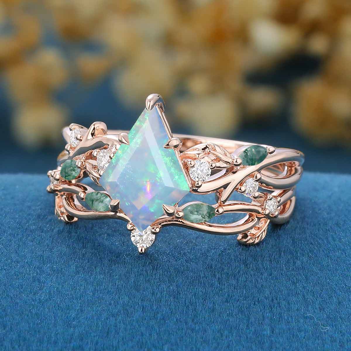 7x10mm Kite cut Opal Cluster Engagement Ring & Moss Agate Curved Wedding bridal set