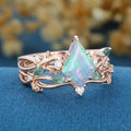7x10mm Kite cut Opal Cluster Engagement Ring & Moss Agate Curved Wedding bridal set