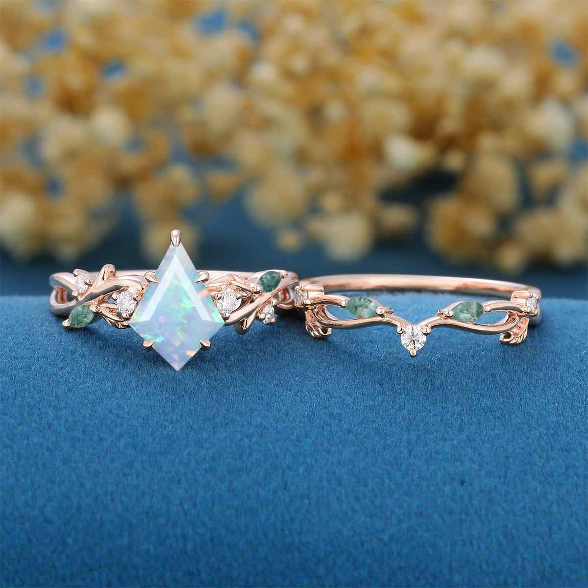 7x10mm Kite cut Opal Cluster Engagement Ring & Moss Agate Curved Wedding bridal set