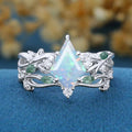 7x10mm Kite cut Opal Cluster Engagement Ring & Moss Agate Curved Wedding bridal set