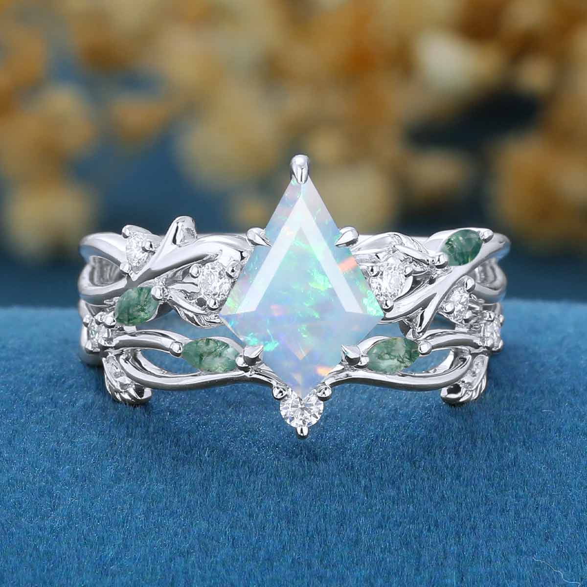 7x10mm Kite cut Opal Cluster Engagement Ring & Moss Agate Curved Wedding bridal set