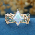 7x10mm Kite cut Opal Cluster Engagement Ring & Moss Agate Curved Wedding bridal set