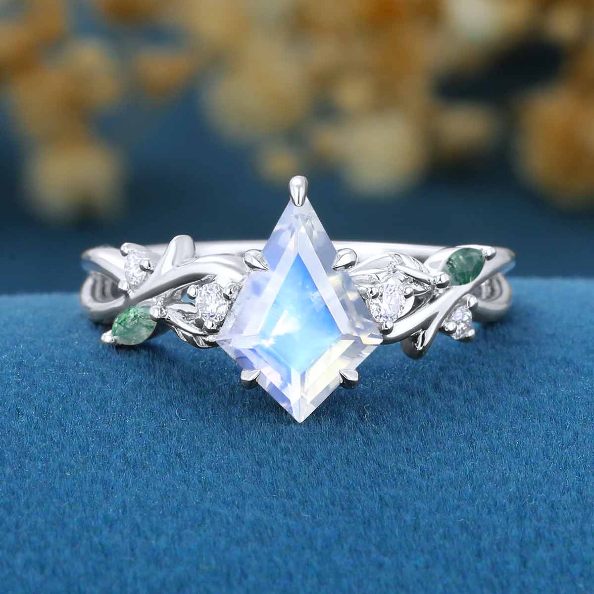 7x10mm Kite cut Moonstone Nature Inspired Engagement Ring