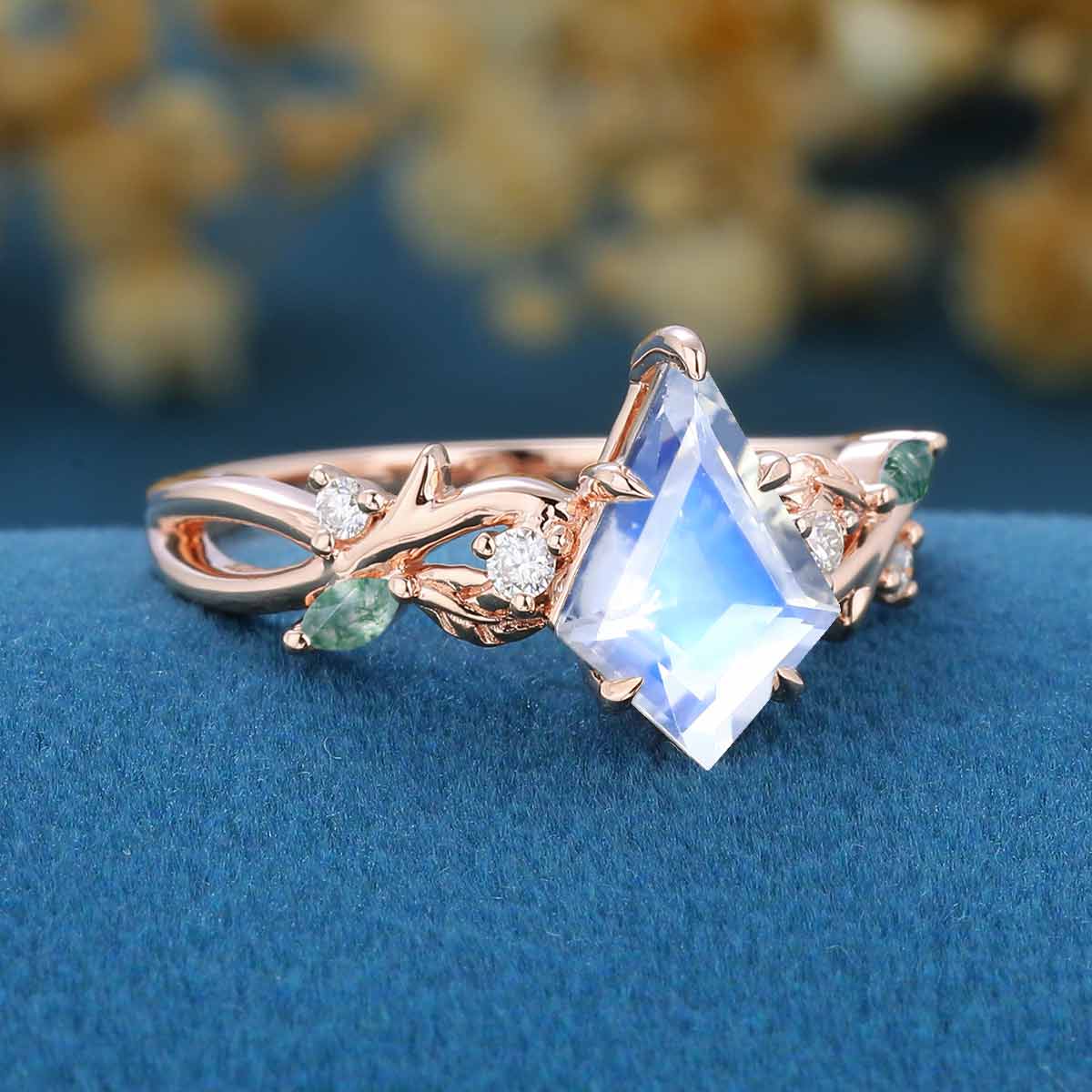 7x10mm Kite cut Moonstone Nature Inspired Engagement Ring