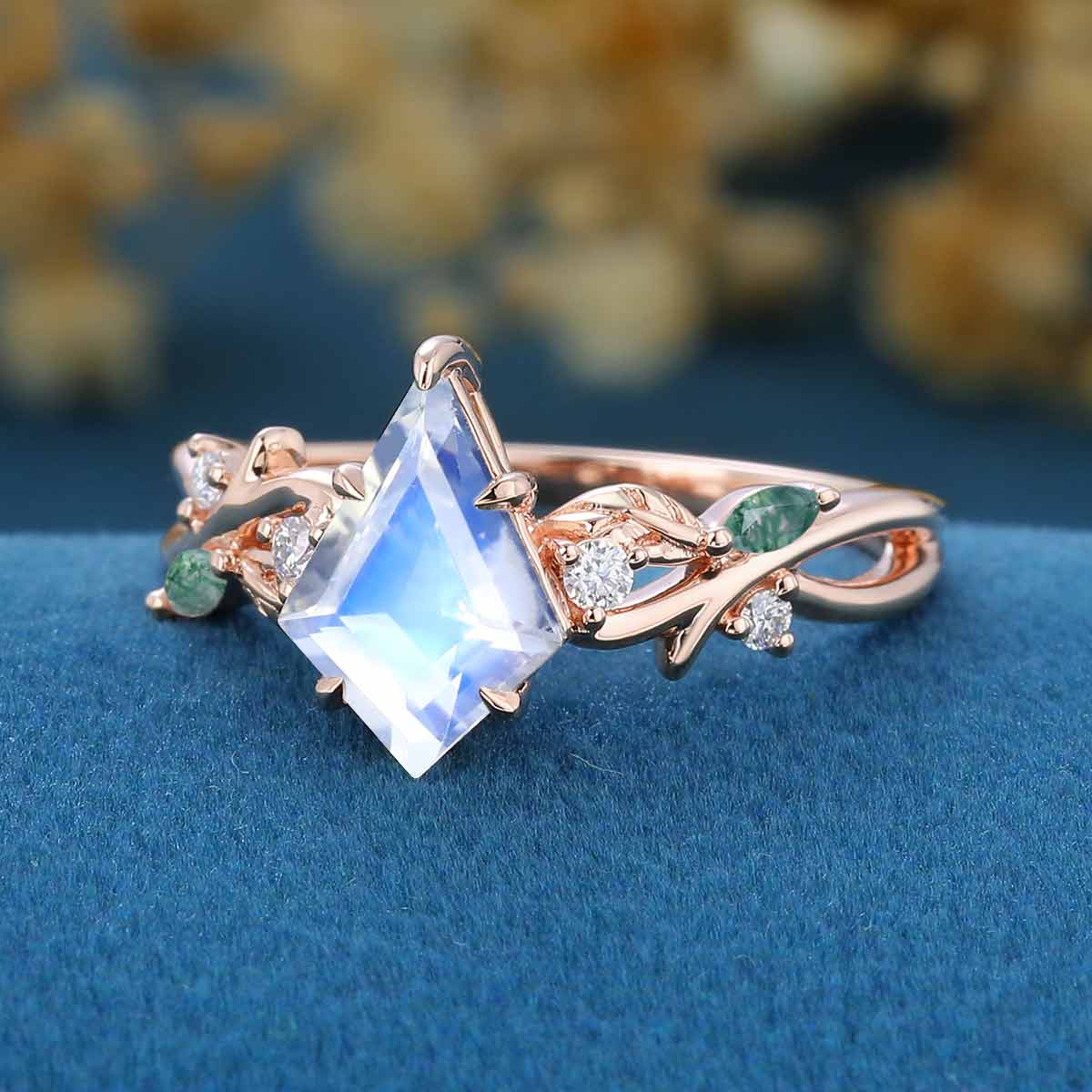 7x10mm Kite cut Moonstone Nature Inspired Engagement Ring