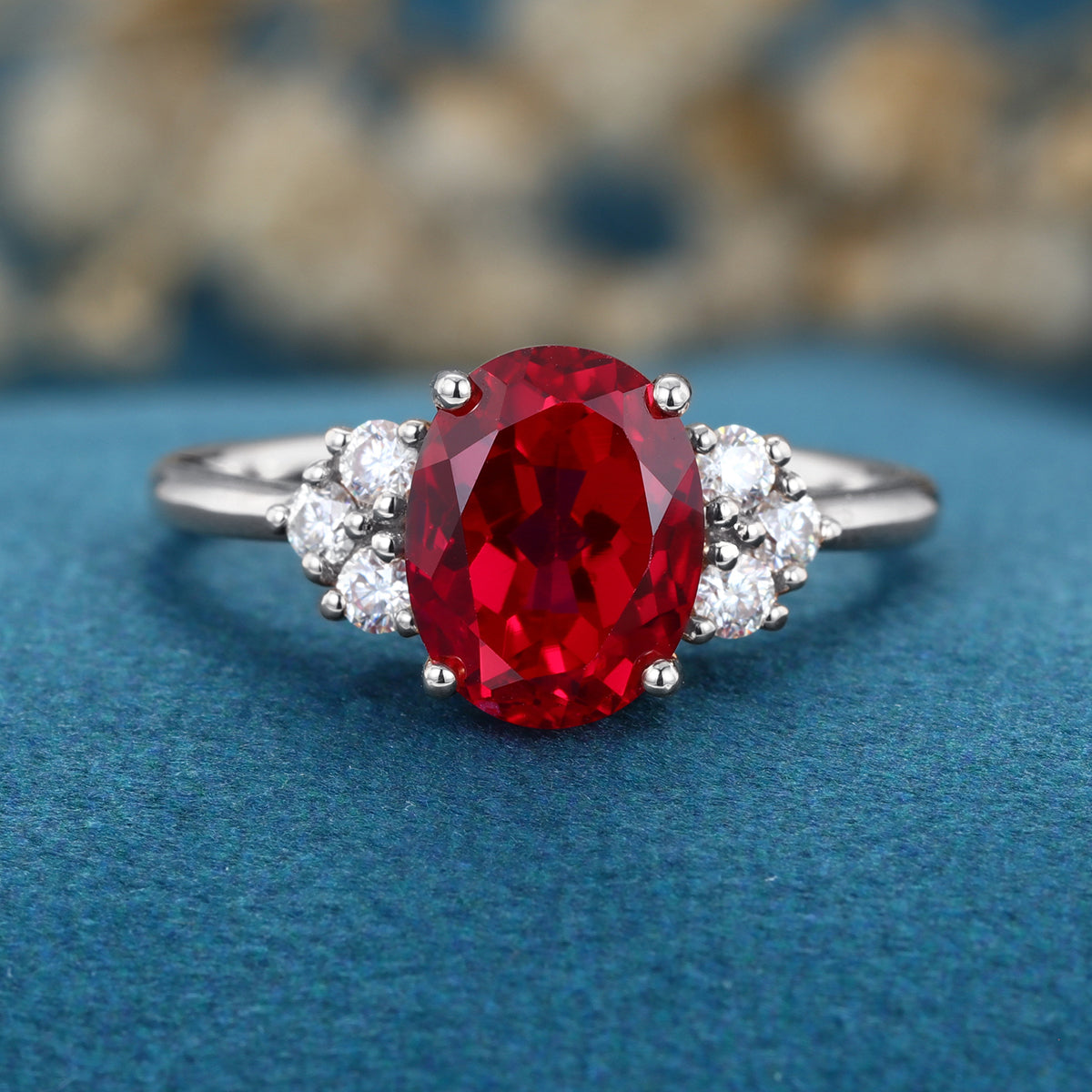 Oval cut Lab Ruby Solid Gold Engagement Ring