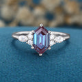 Long Hexagon cut Lab Alexandrite Solid Gold Engagement Ring