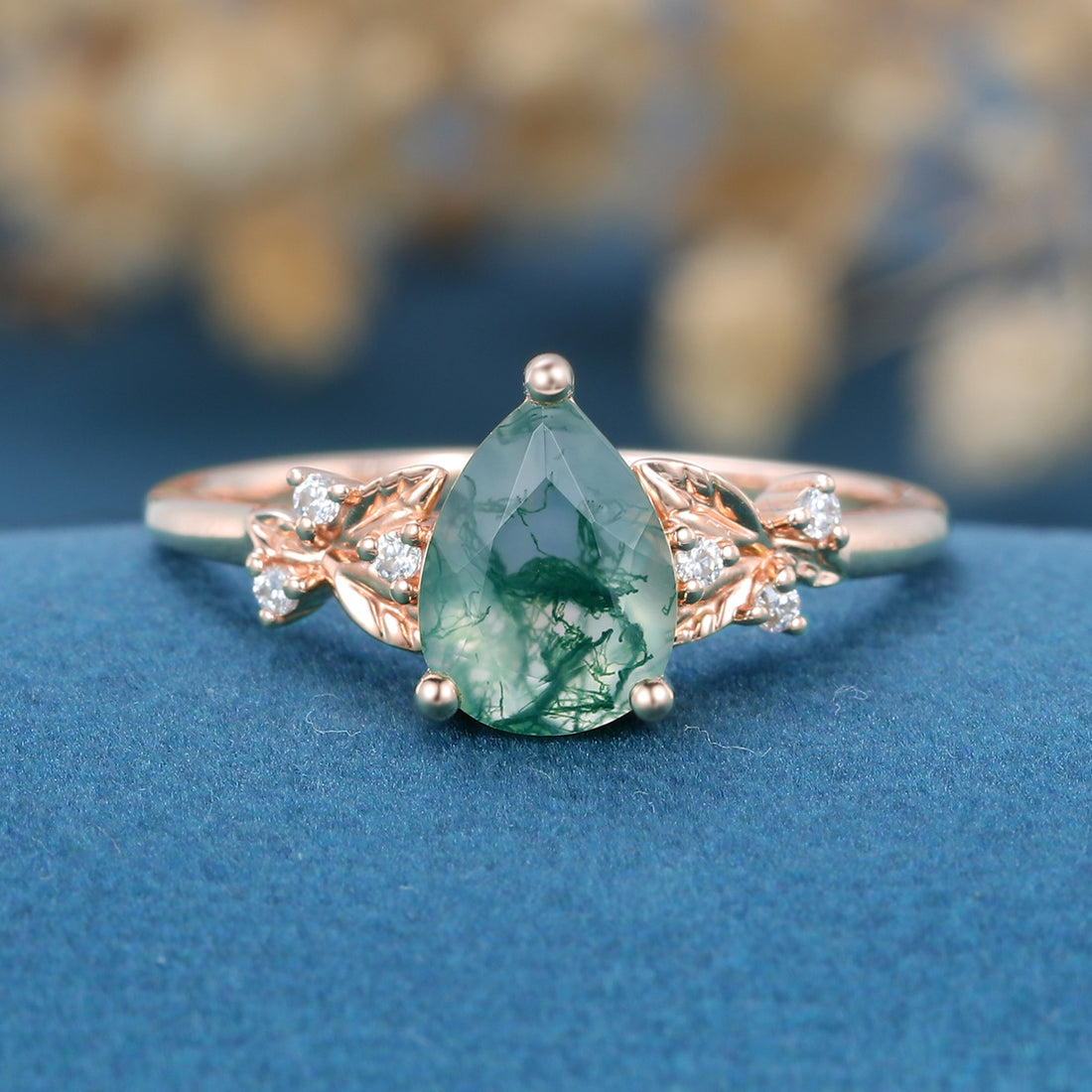 Pear cut Moss Agate Matching Moissanite | Diamonds Gold Engagement Ring