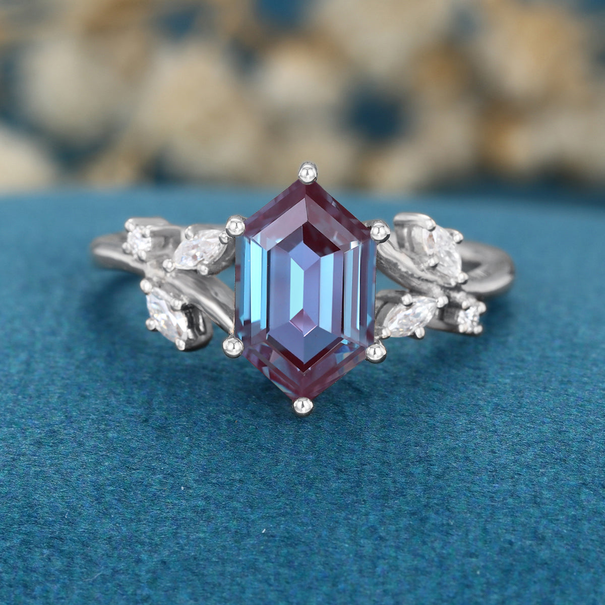 Hexagon cut Lab Alexandrite Solid Gold Engagement Ring