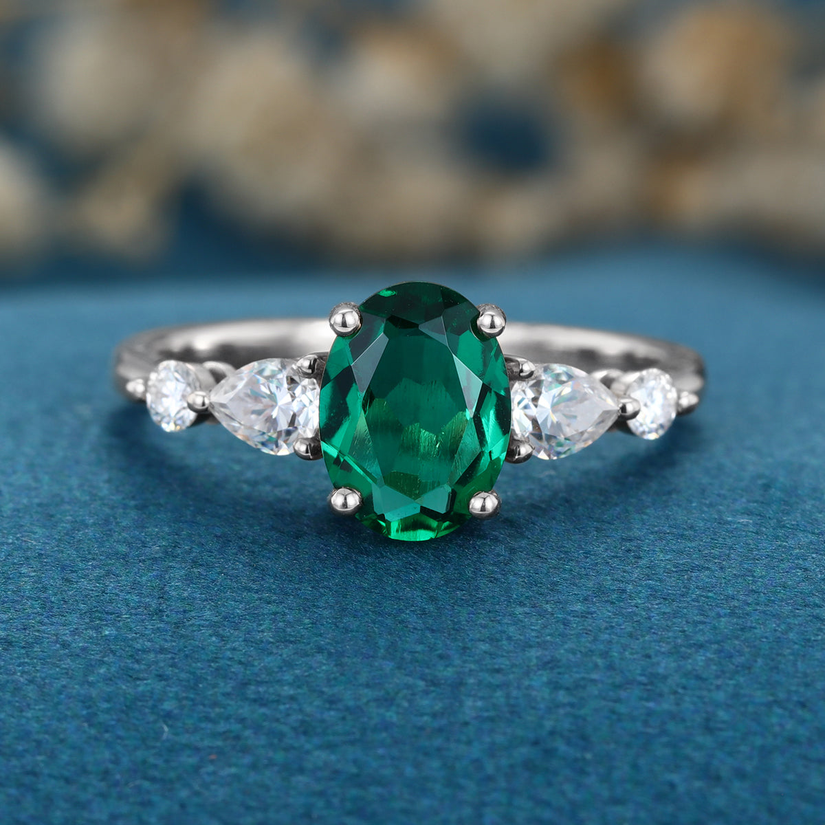 Oval cut Lab grown Emerald Solid Gold Engagement Ring