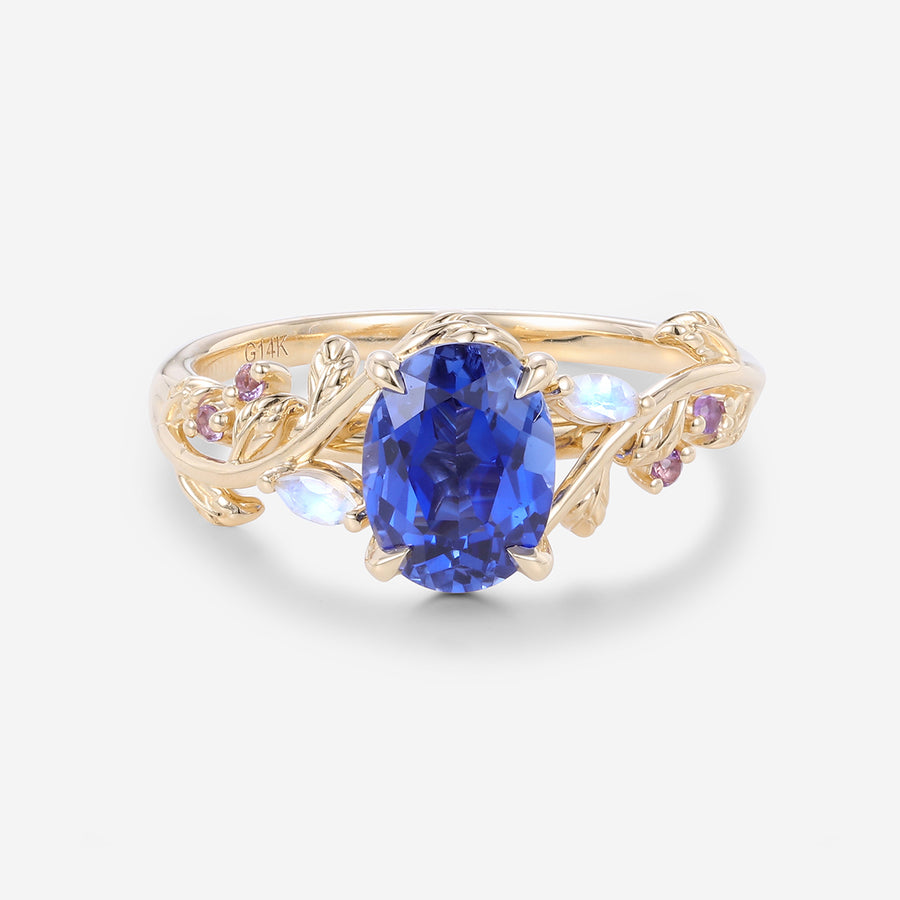 Oval Cut Lab Sapphire Leaf Engagement ring