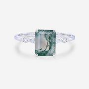 Emerald Cut Natural Green Moss Agate Cluster Engagement Ring