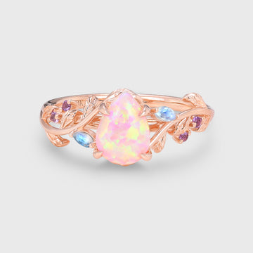 Inspired Pear cut Lab Pink Opal Matching Moonstone | Amethyst Solid Gold Engagement Ring