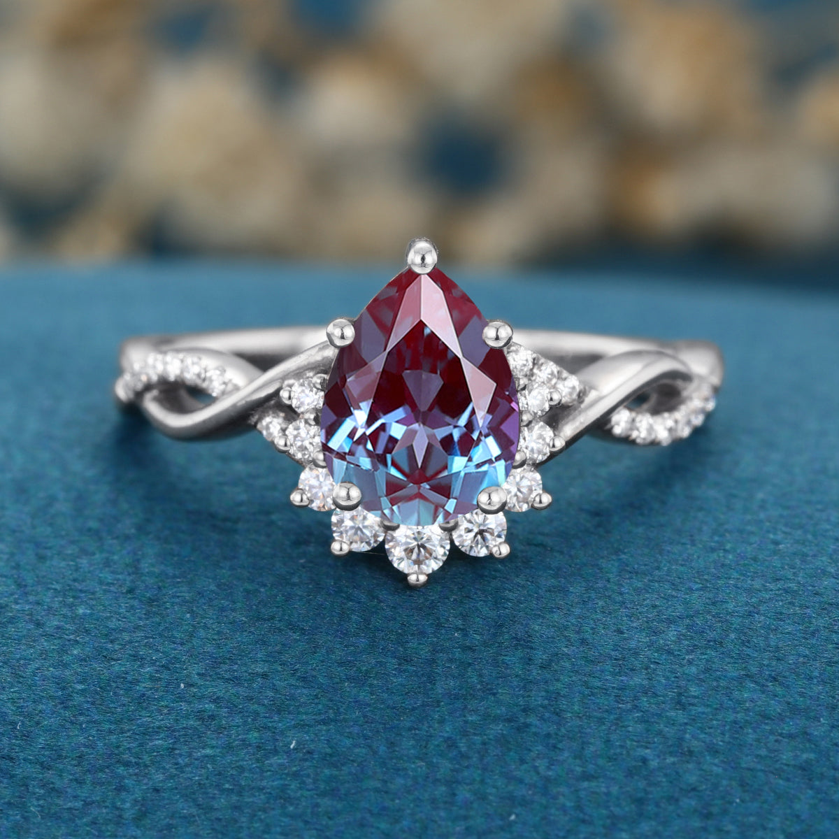 Pear cut Lab Alexandrite Solid Gold Engagement Ring