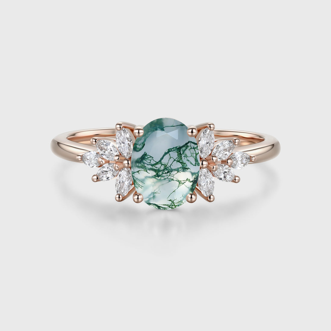1.3 Carat Natural Green Moss Agate Oval cut cluster Engagement Ring