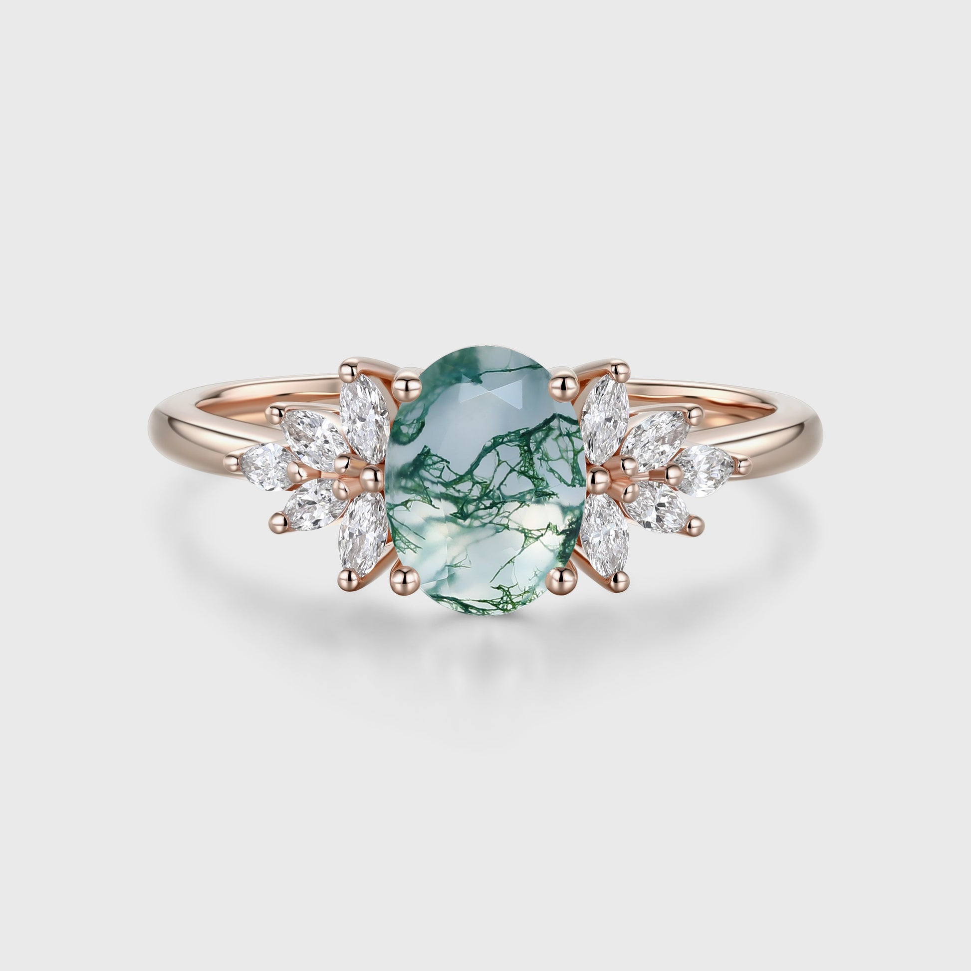 1.3 Carat Natural Green Moss Agate Oval cut cluster Engagement Ring