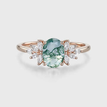 1.3 Carat Natural Green Moss Agate Oval cut cluster Engagement Ring