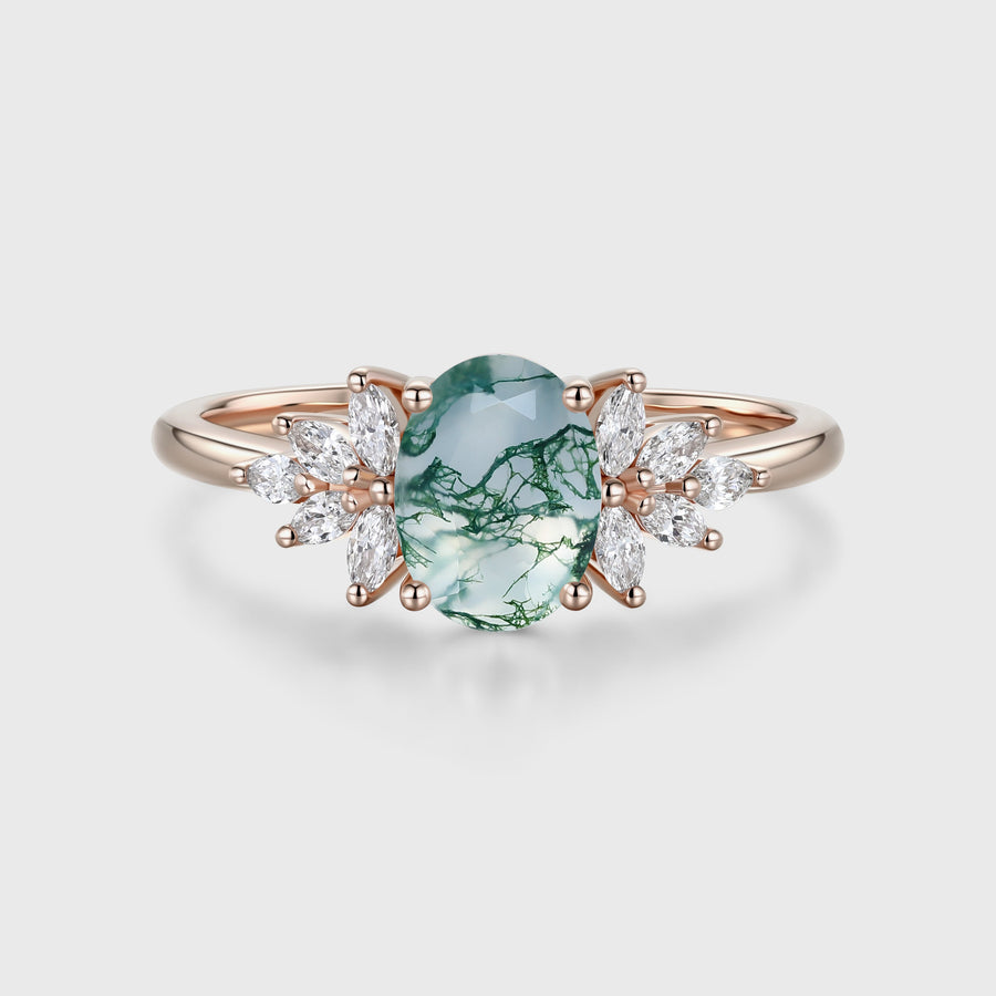 1.3 Carat Natural Green Moss Agate Oval cut cluster Engagement Ring