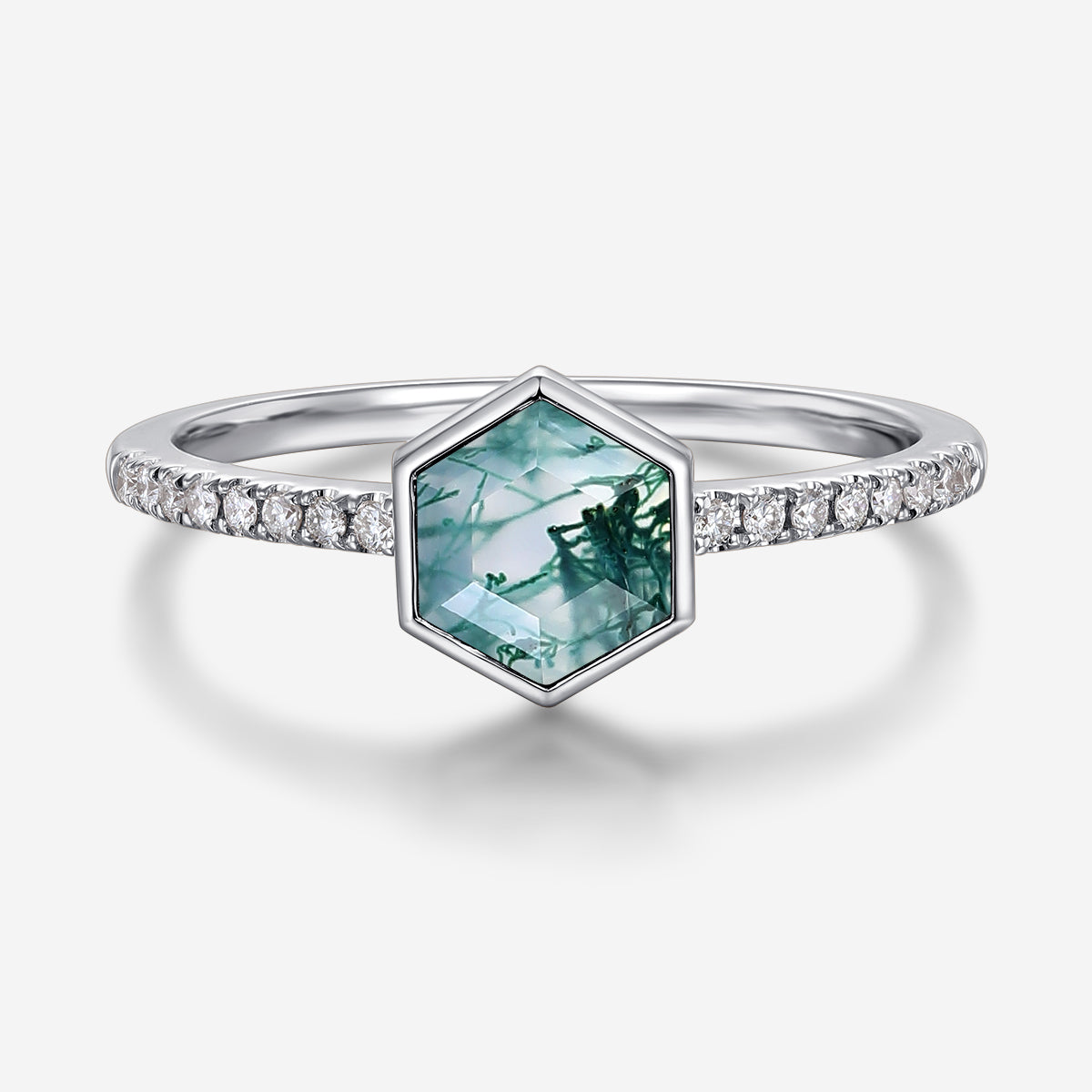 Bezel setting Hexagon cut Moss Agate Half Eternity Gold Engagement Ring